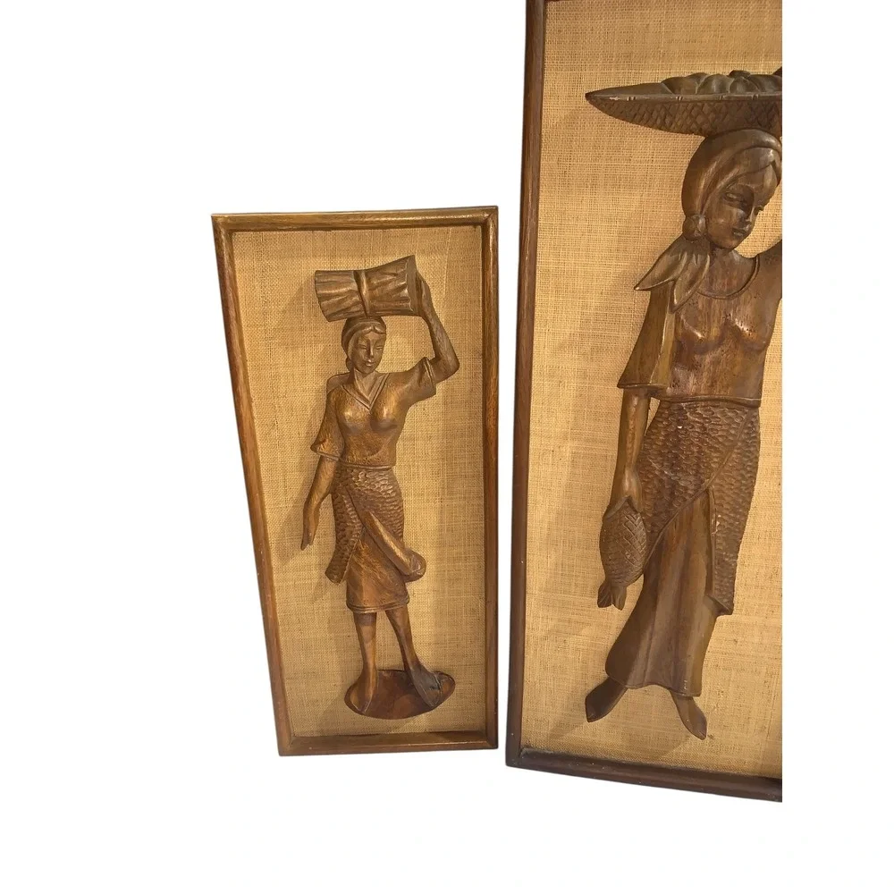 Vintage Carved Wood Figures Wall Art Set 4pc Mid Century‎ Scene Decor
